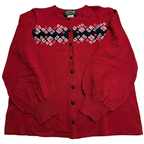 VTG Bob Mackie 2 Pc Cardigan Sweater Shell Embroidered Womens Medium Red Black - Picture 3 of 15